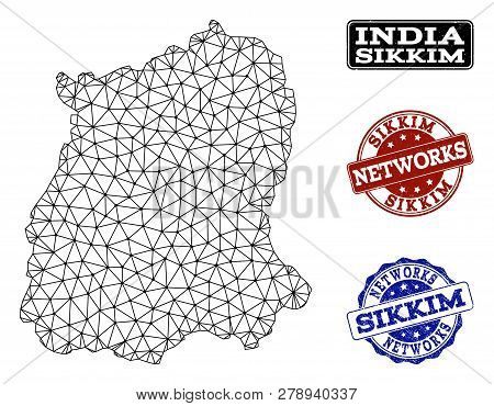 Black Mesh Vector Map Of Sikkim State Isolated On A White Background And Grunge Watermarks For Netwo