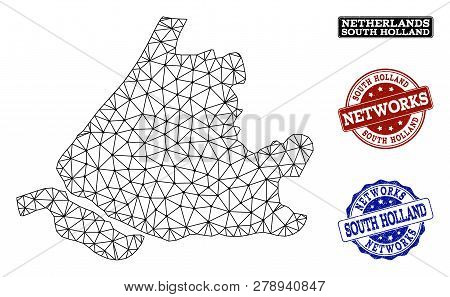 Black Mesh Vector Map Of South Holland Isolated On A White Background And Rubber Watermarks For Netw