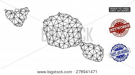 Black Mesh Vector Map Of Tahiti And Moorea Islands Isolated On A White Background And Grunge Waterma