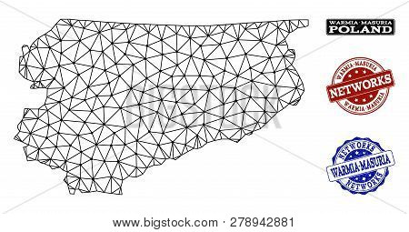 Black Mesh Vector Map Of Warmia-masuria Province Isolated On A White Background And Rubber Watermark