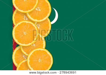 Turkmenistan Flag And Citrus Fruit Slices Vertical Row