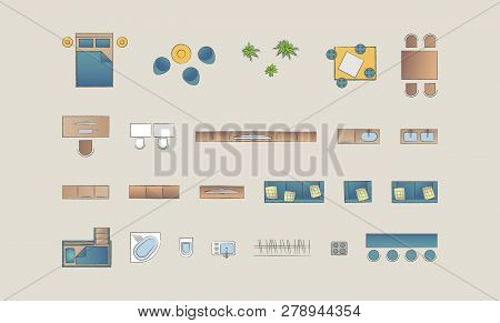Set Top View For Interior Icon Design. Isolated Vector Illustration. Flat Interior Top View Icon