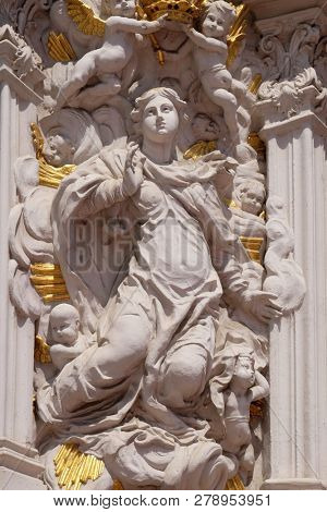 WURZBURG, GERMANY - JULY O4, 2018: Virgin Mary, House of Falcon, the finest Rococo style building in the Wurzburg, Germany