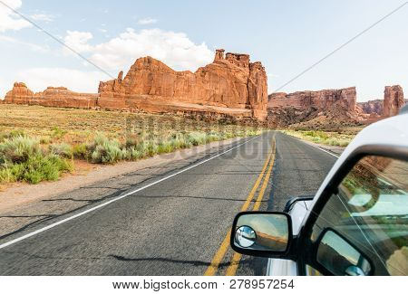 Car Driving Through Arches National Park, Utah