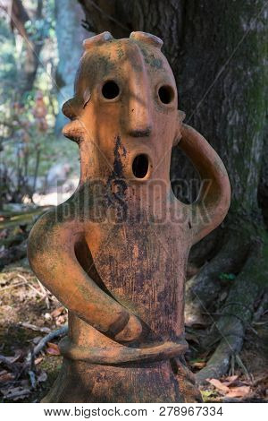 Miyazaki, Japan - November 5, 2018:  Haniwa Garden in Heiwadai Park with earthenware replicas of burial statues found all over the country in Japan