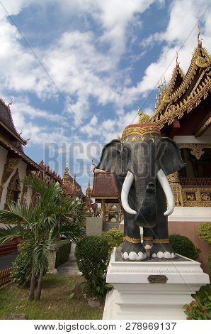 Front View Of The Wat Saen Muang Ma Luang And His Black Elephant Statue In Chiang Mai, Thailand
