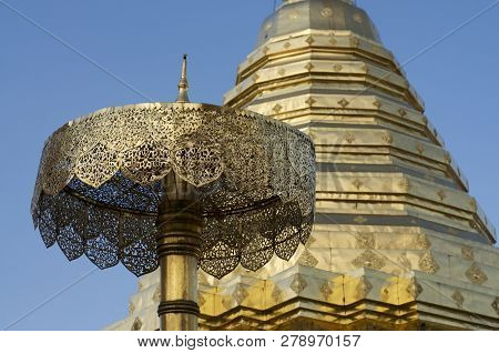 Close Up Picture Of The Golden Stupa And Umbrella Of The Wat Phra Doi Suthep In Chiang Mai, Thailand