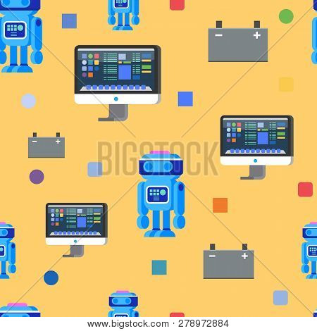 Robot Programming Seamless Pattern. Flat Colored Cartoon Character. Modern Game Design Android. Futu