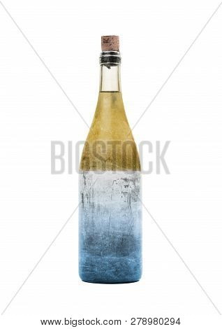 Old Bottle Of Liquid, Yellow And Blue, Covered In Dust, Isolated On White