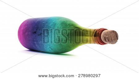 Old Bottle Of Wine, Covered In Dust, Selective Focus, Isolated On White