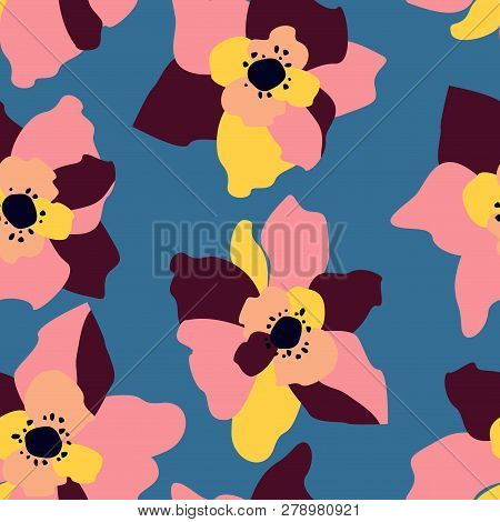 Seamless Pattern With Abstract Flowers. Bright Floral Background.