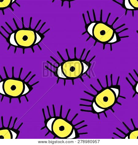 Modern Seamless Pattern With Trendy Hand Drawn Eyeballs With Eyelashes. Fabric Pattern On 
Violet  B