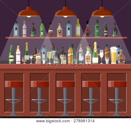 Bar, Pub, Night Club Interior. Bar Counter, Bar Chairs And Shelves With Alcohol. Vector Illustration