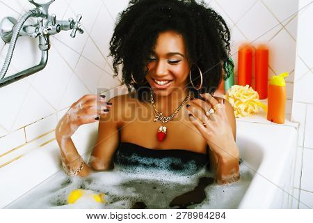 Young Pretty African American Girl Taking Bath With Foam, Lifest