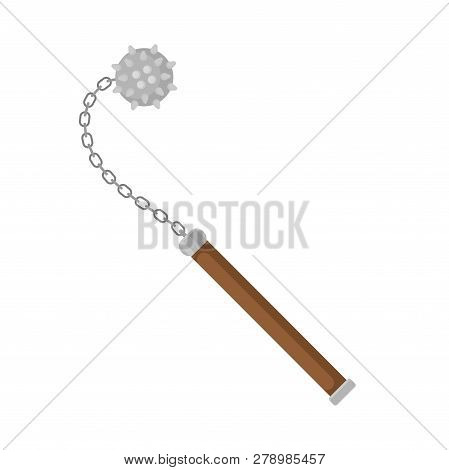 Old Mace With Steel Spiked Ball On Chain And Brown Wooden Handle. Dangerous Medieval Weapon. Flat Ve