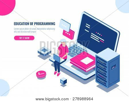 Education Of Programming, Young Man Work On Laptop, Online Learning And Internet Course, Server Room