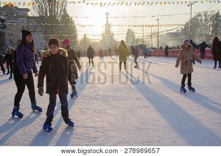 Kiev, Ukraine - February 02, 2018: People Ride The Kath In The Park During The Celebration Of The Sh