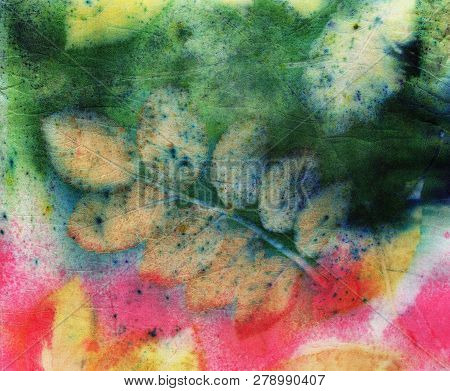 Botanical Print With Leaf Prints On Natural Silk. Hand-drawn Illustration.6