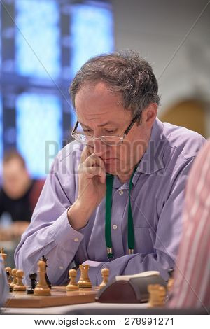 ST. PETERSBURG, RUSSIA - DECEMBER 29, 2018: Grandmaster Boris Gelfand, Israel competes in King Salman World Blitz Chess Championship 2018. Eventually he took 18th place