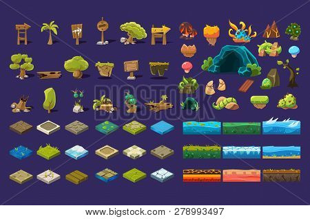 Collection Of Natural Landscape Elements, Trees, Wooden Signs, Stones, Ground Platforms, User Interf