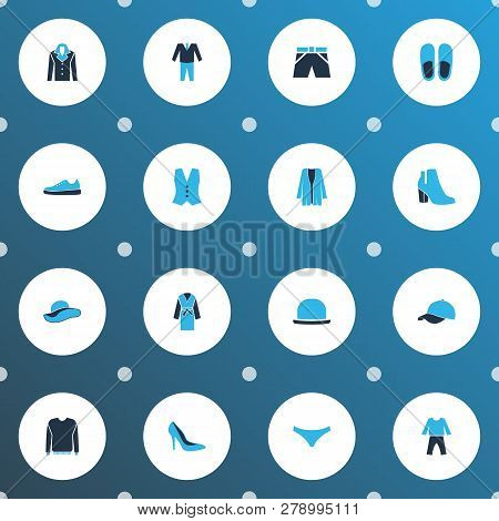 Garment Icons Colored Set With Baseball Hat, Vest, Dressing Gown And Other Tuxedo Elements. Isolated