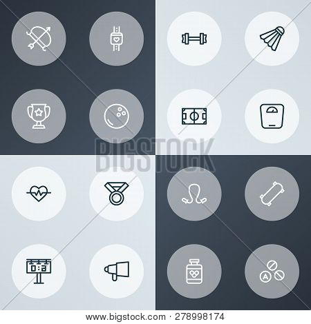 Sport Icons Line Style Set With Award, Score Display, Heartbeat And Other Kegling Elements. Isolated