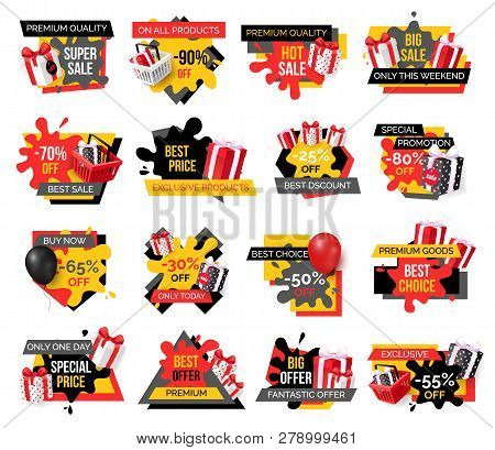 Exclusive Products, Hot Sale Discounts Offers Vector. Basket With Gifts Boxes, Clearance And Promoti