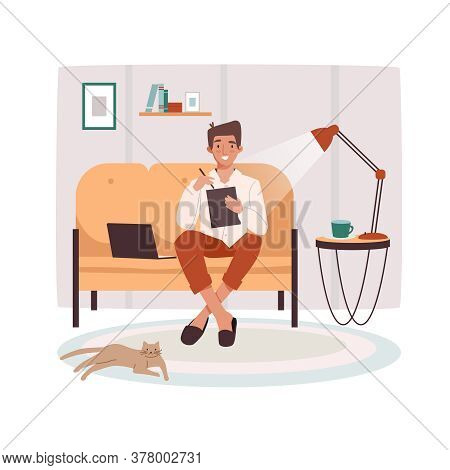 Remote Worker At Sofa With Tablet And Notebook. Man Doing Remote Job Near Lamp And Cat. Male Remotel