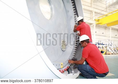 Simoes Fillho, Bahia / Brazil - May 13, 2015: Employee Is Seen Working At Acciona Windpower Wind Tur