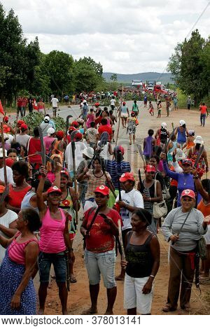 Eunapolis, Bahia / Brazil - March 1, 2011: Women From The Landless Movement Block Br 101 Highway In 