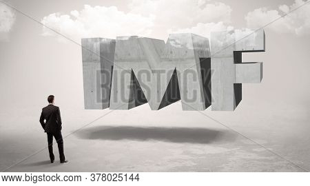 Rear view of a businessman standing in front of IMF abbreviation, modern technology concept