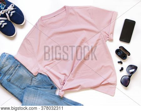 Mockup Of A Unisex T-shirt Placed Surrounded By Trendy Aaccessories Flat Lay