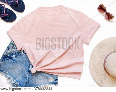 Mockup Of A Pink T-shirt Placed Between Some Beach Accessories Flat Lay