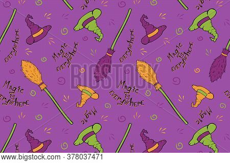 Witchs Equipment Seamless Pattern. Vector Halloween Illustration With Witchs Hat, And Broom. Hand Dr