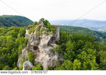 Aerial view of medieval fortress, Cetatea Ciceului near Dej, Romania.
