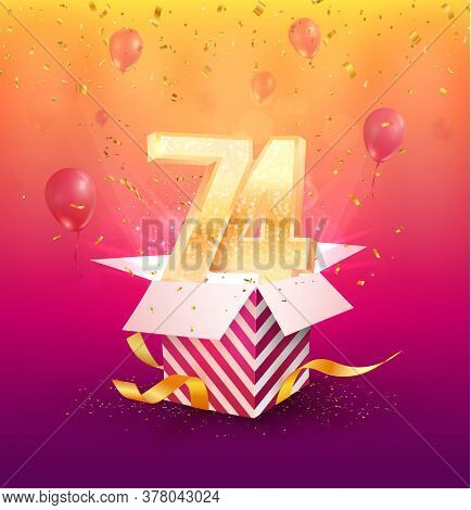 74th Years Anniversary Vector Design Element. Isolated Seventy-four Years Jubilee With Gift Box, Bal