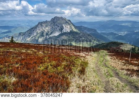 Big Rozsutec Hill From Stoh, Little Fatra, Slovak Republic. Springtime Scene. Beauty In Nature. Red 