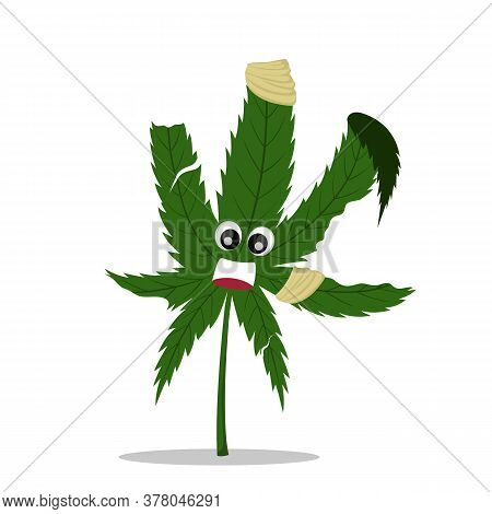 Vector Illustration Of A Mutilated Cannabis Leaf, Torn Leaf.  Frightened Cartoon Cannabis.