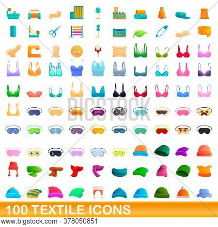 100 Textile Icons Set. Cartoon Illustration Of 100 Textile Icons Vector Set Isolated On White Backgr