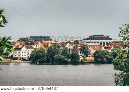 View at island of Tears memorial at Trinity Suburb in Minsk, Belarus. Minsk cityscape in summer, Belarus.