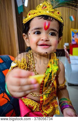 Delhi, India - September 9, 2019 : Cute Indian Kids Dressed Up As Little Lord Krishna Radha On The O