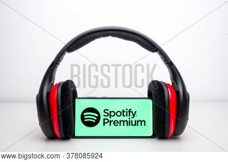 Tula, Russia - July26 ,2020: Modern Smartphone With Spotify Logo On The Screen