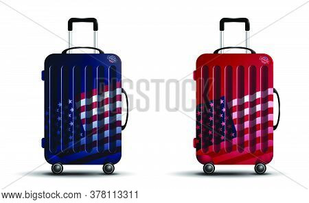 Color Travel Bag With Elements Of Amrican Flag. Suitcase For Luggage On Wheels. Transportation Of Th