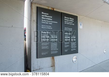 Belzec, Poland - June 12, 2020: Information Plaque About Museum And Memorial Site In Belzec.