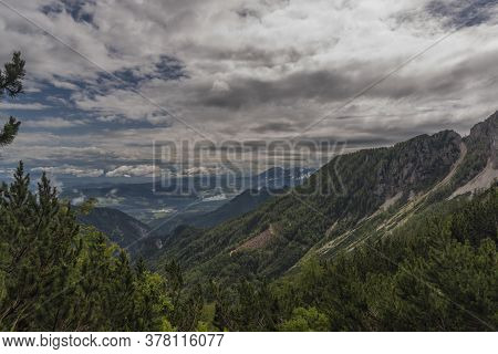 View On Drau River Valley From Path To Mittagskogel Hill In Cloudy Summer Day