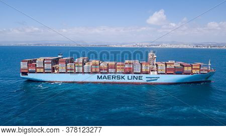 Mediterranean Sea - June 25, 2020: Maersk Hidalgo Mega Container Ship. Ulcv Fully Loaded With Freigh