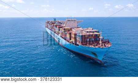 Mediterranean Sea - June 25, 2020: Maersk Hidalgo Mega Container Ship. Ulcv Fully Loaded With Freigh