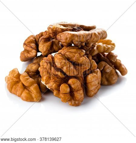Walnut Kernels Isolated, Peeled Walnut On A White Background