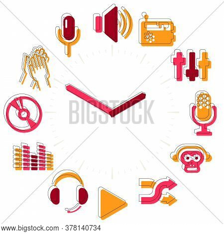 Music Time. Activities Icons In A Watch Sphere With Hours.
