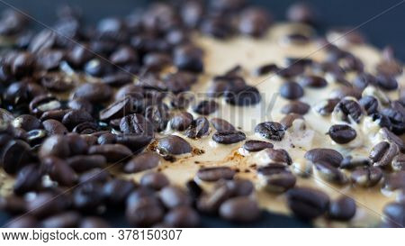 Background Coffee Beans With Spiled Coffee, Close-up, Selective Focus